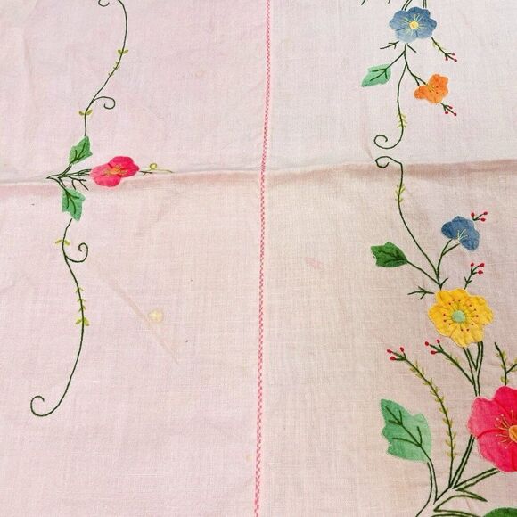 Vintage Handmade Pink Square Embroidered Floral Tablecloth 42 x 41 Appliqué Cute - Picture 7 of 16